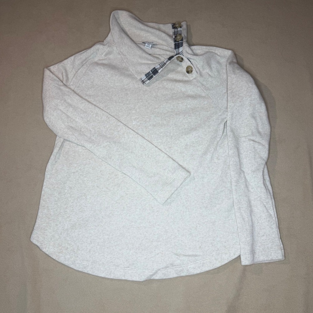 J.Crew Womens Oatmeal Heather Plaid Trim Button Funnel Neck Sweatshirt XS